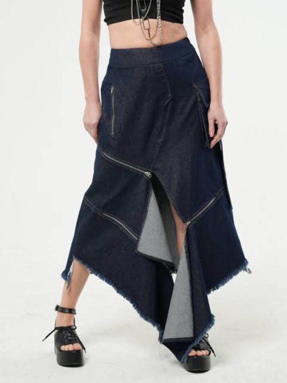 Metamorphoza Asymmetrical Skirt Cyberpunk 90s Dark Denim Euro Zipper Midi